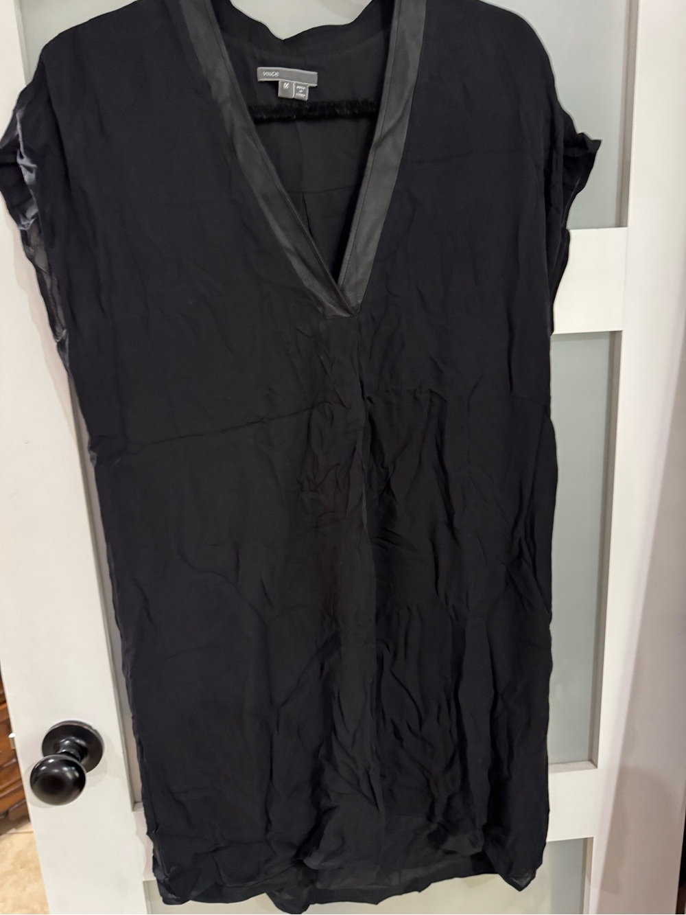 Vince Black V-Neck Mini Dress with Satin Trim